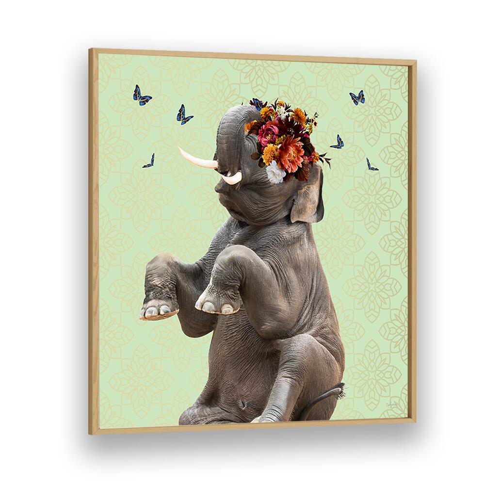 spring flower bonnet on elephant by sue skellern wildlife posters wildlife paintings in Oak Wood Plain Frame