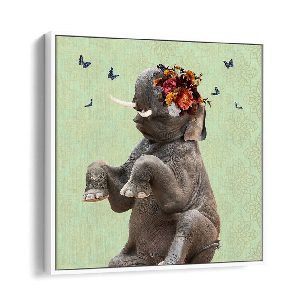 spring flower bonnet on elephant by sue skellern wildlife posters wildlife paintings in White Floater Frame