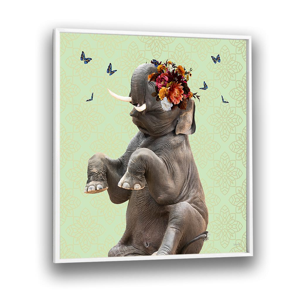 spring flower bonnet on elephant by sue skellern wildlife posters wildlife paintings in White Plain Frame