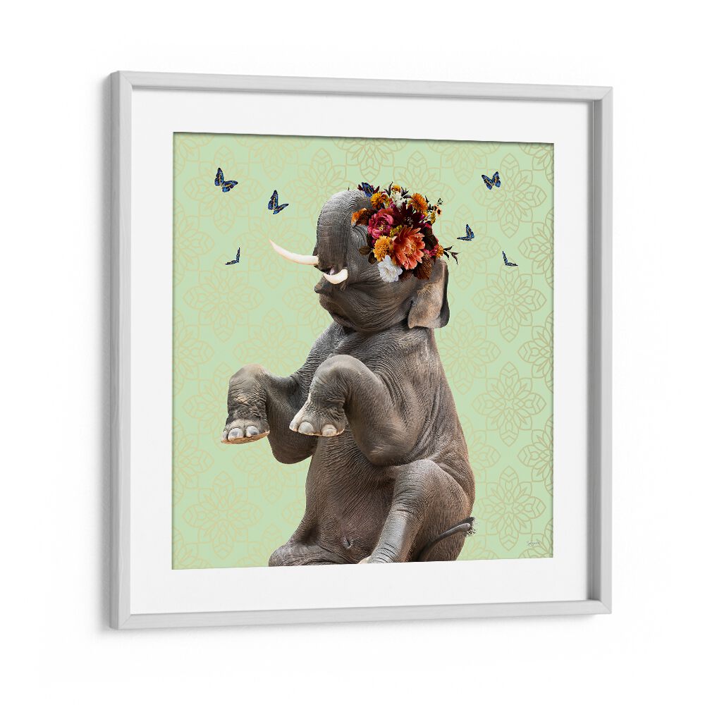 spring flower bonnet on elephantby sue skellern wildlife posters wildlife paintings in White Frame With Mount