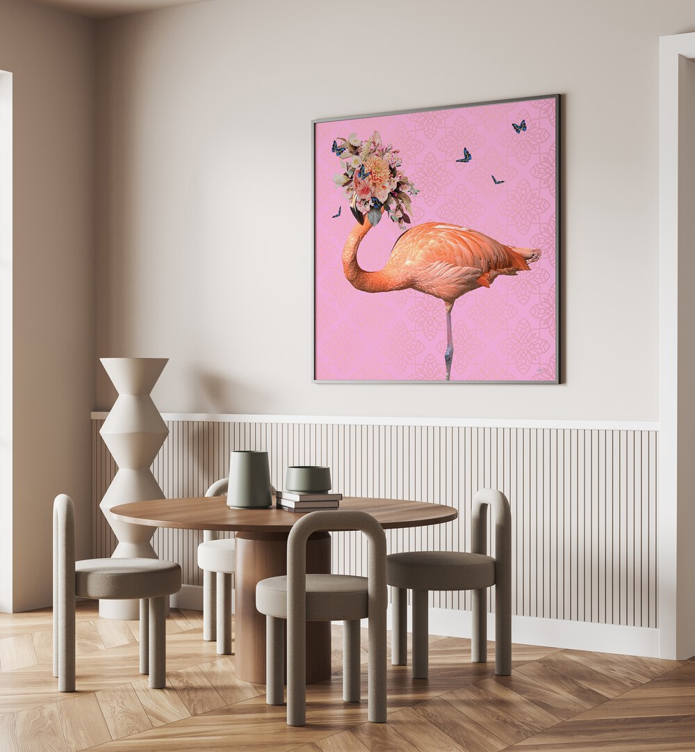 spring flower bonnet on flamingo by sue skellern wildlife posters wildlife paintings Artwork II placed on a wall