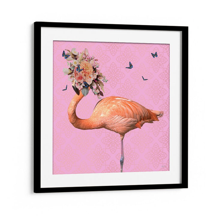 spring flower bonnet on flamingo by sue skellern wildlife posters wildlife paintings in Black Frame With Mount