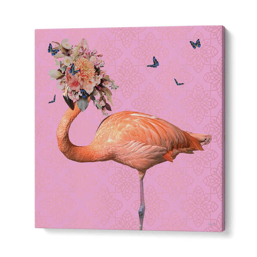 spring flower bonnet on flamingo by sue skellern wildlife posters wildlife paintings in Gallery Wrap