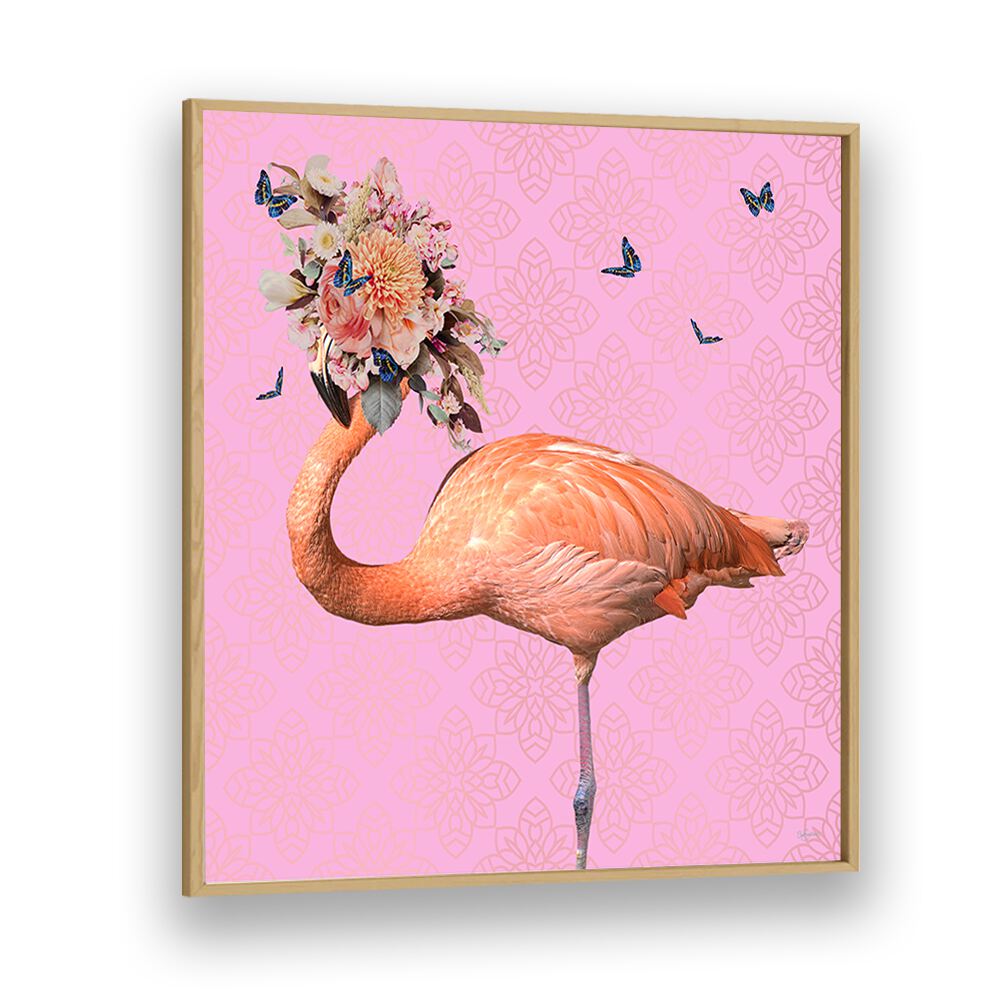 spring flower bonnet on flamingo by sue skellern wildlife posters wildlife paintings in Oak Wood Plain Frame