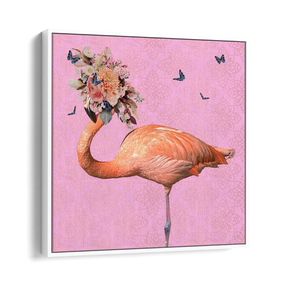 spring flower bonnet on flamingo by sue skellern wildlife posters wildlife paintings in White Floater Frame