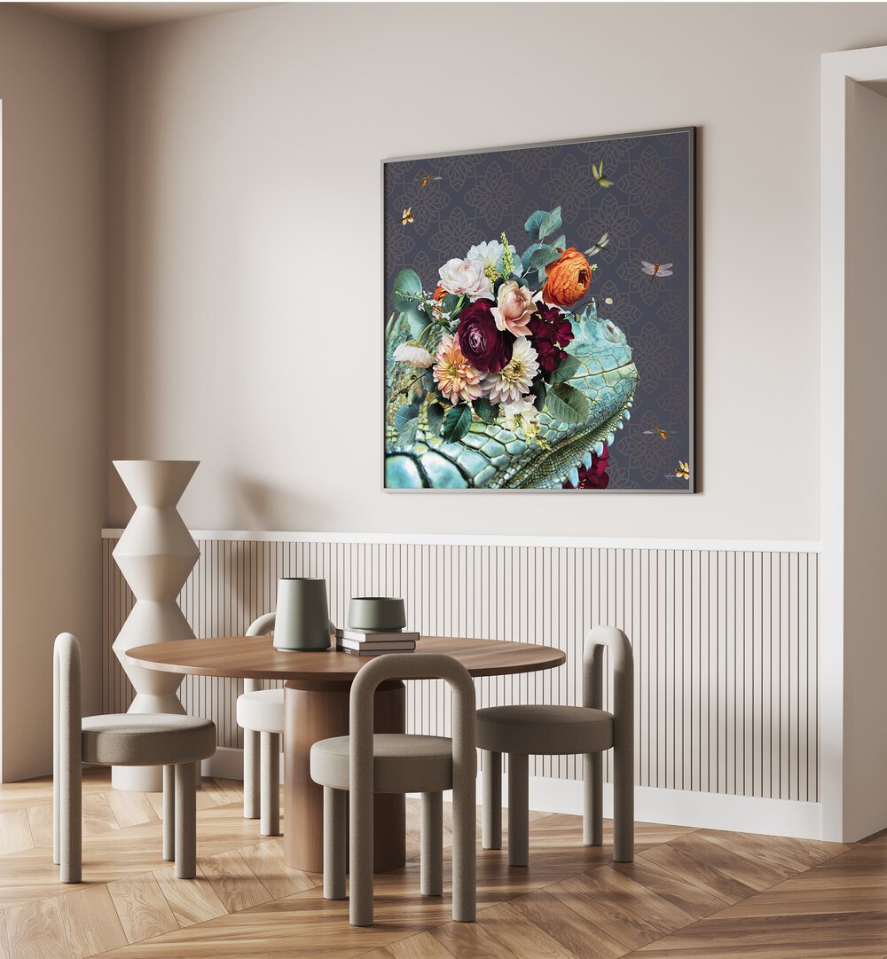 spring flower bonnet on lizard by sue skellern kids room paintings kids room wallart Artwork IV placed on a wall