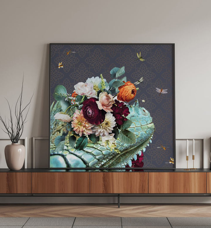 spring flower bonnet on lizard by sue skellern kids room paintings kids room wallart Artwork II placed on a wall