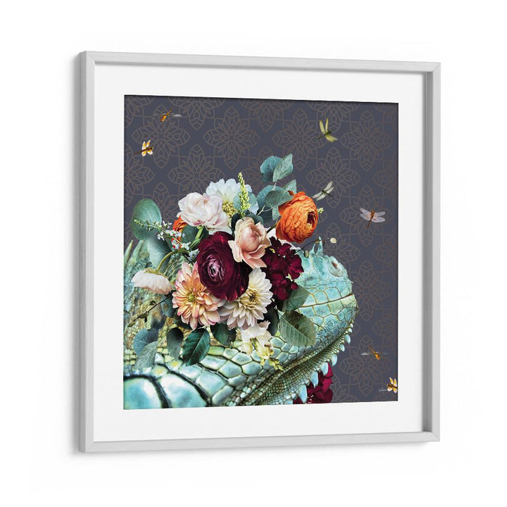 spring flower bonnet on lizard by sue skellern kids room paintings kids room wallart in White Plain Frame