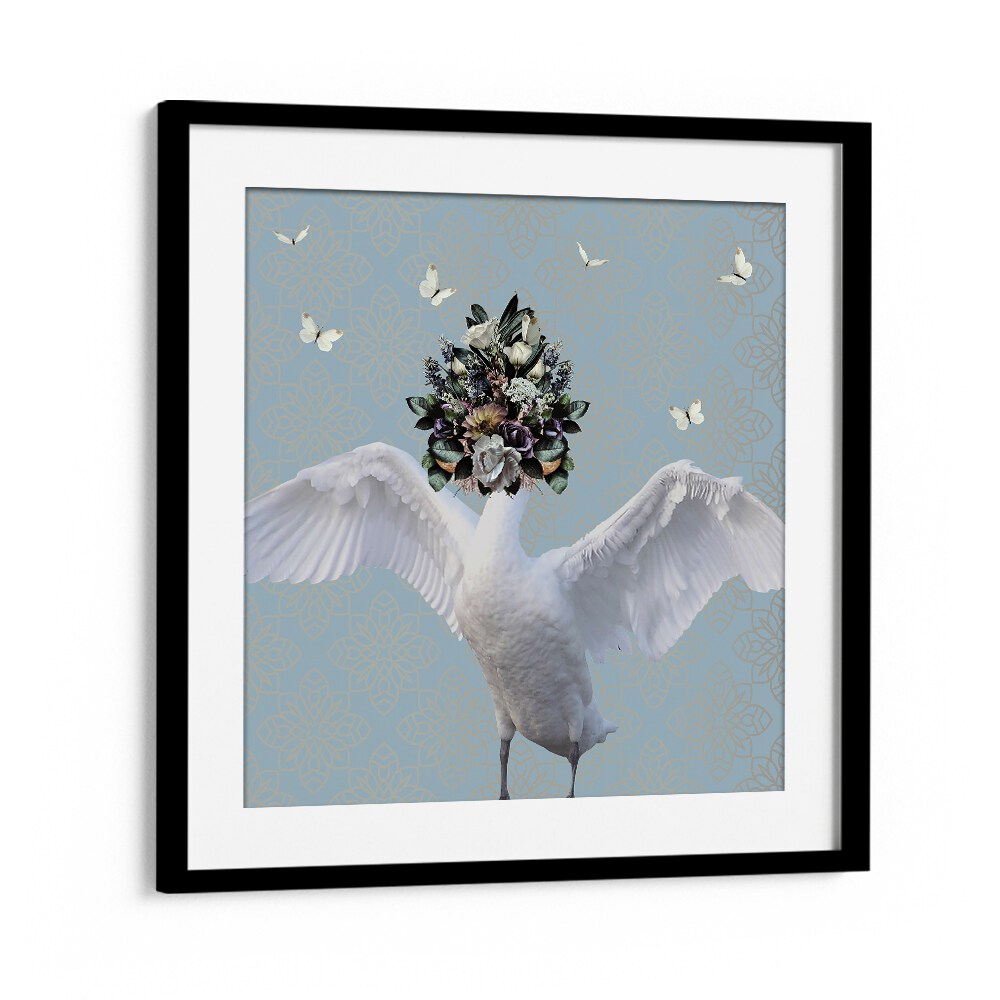 spring flower bonnet on swan by sue skellern kids room paintings kids room wallart in Black Frame With Mount