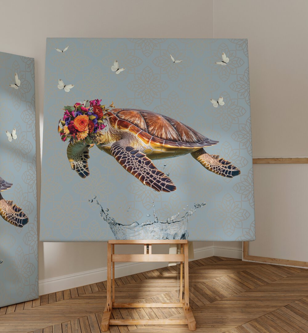 spring flower bonnet on turtle by sue skellern kids room paintings kids room wallart Artwork II placed on a wall