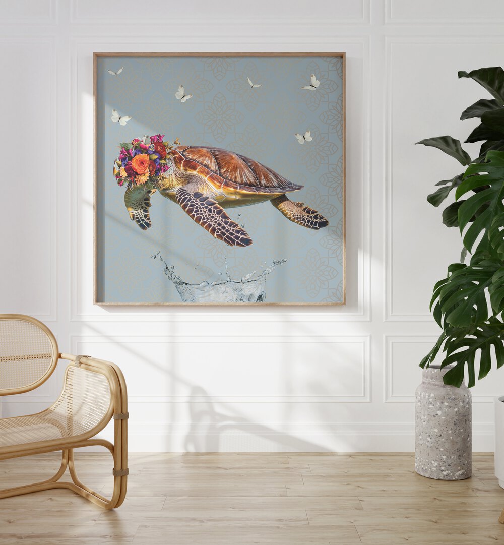 spring flower bonnet on turtle by sue skellern kids room paintings kids room wallart Artwork IV placed on a wall