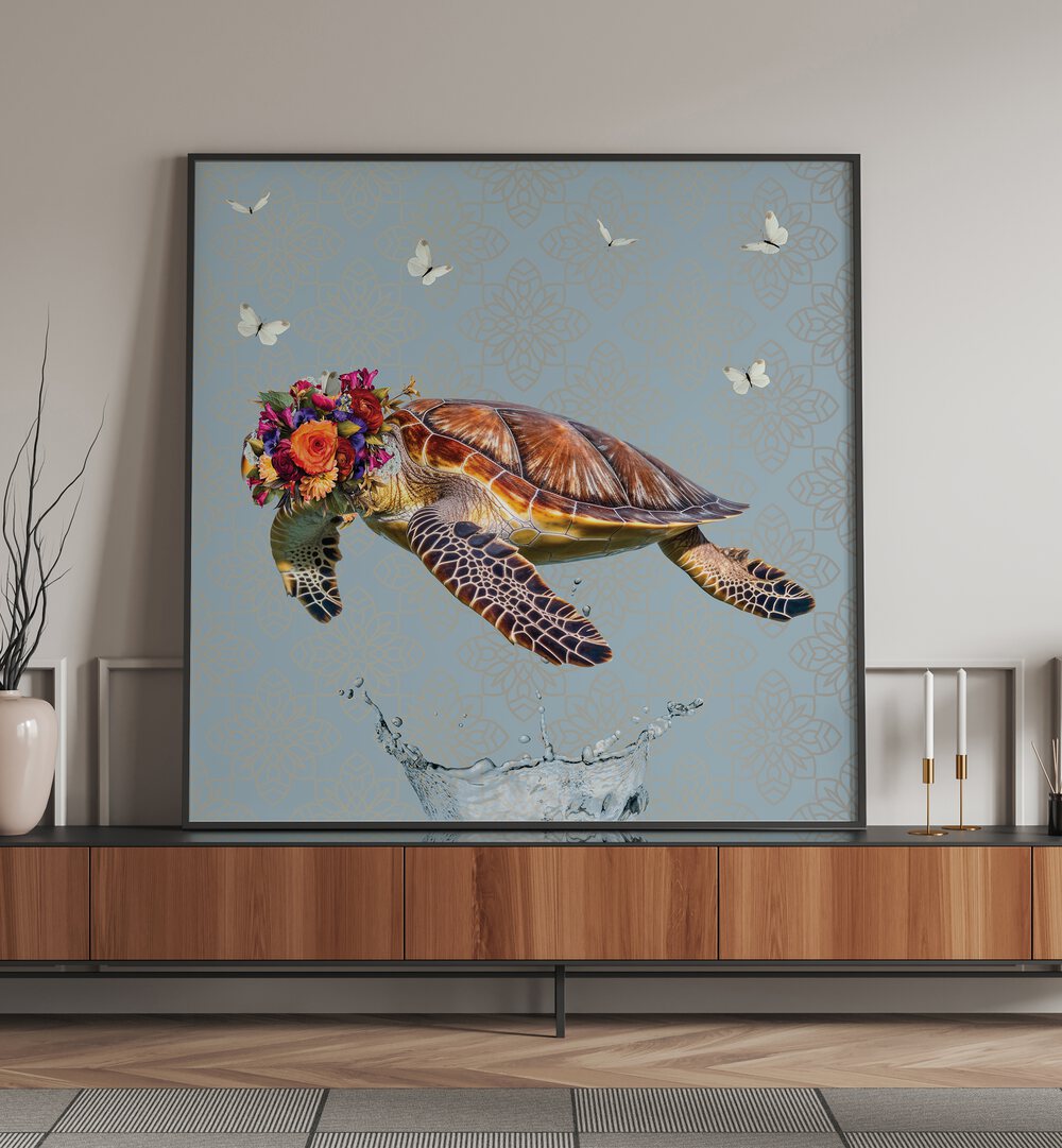 spring flower bonnet on turtle by sue skellern kids room paintings kids room wallart Artwork I placed on a wall