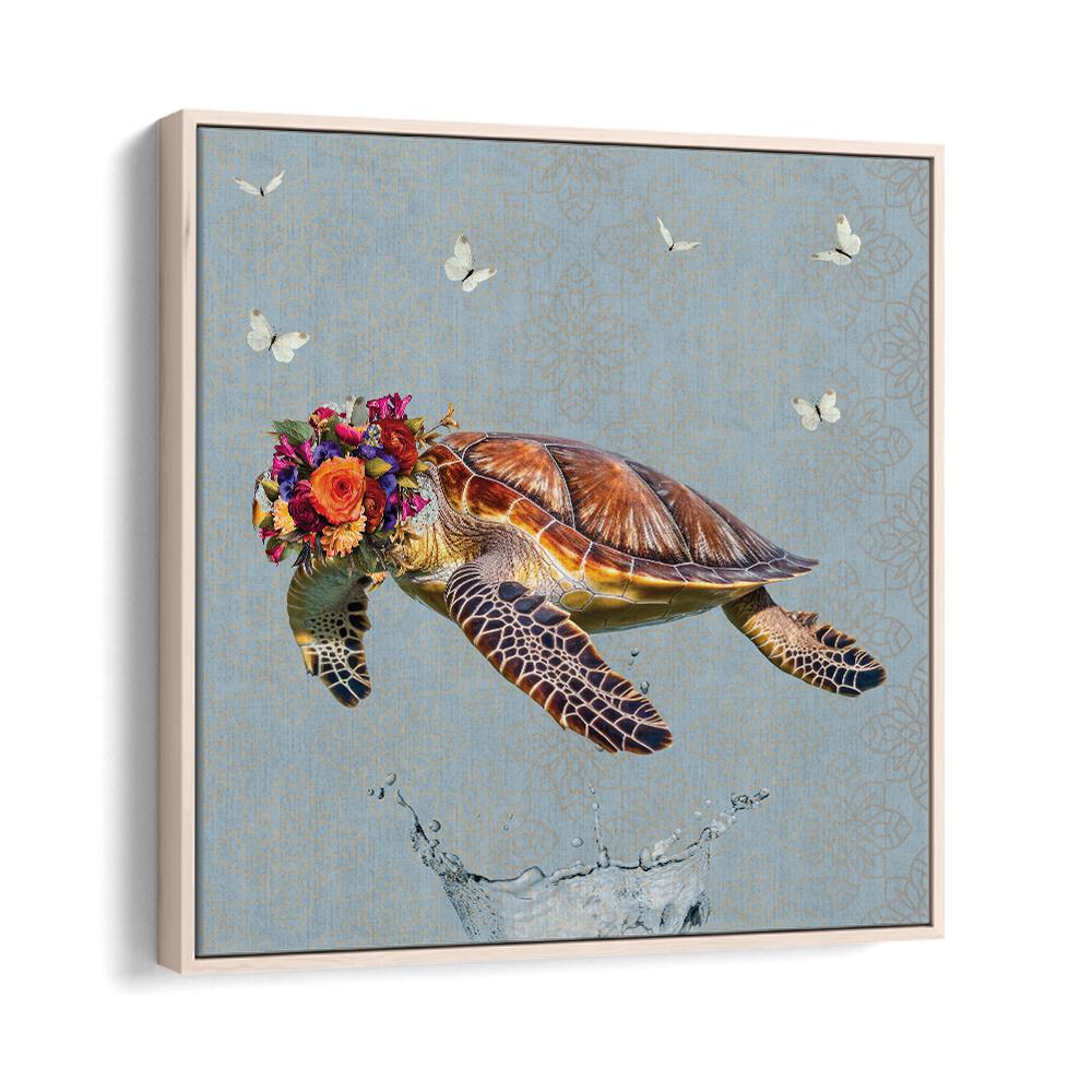 spring flower bonnet on turtle by sue skellern kids room paintings kids room wallart in Oak Wood Floater Frame