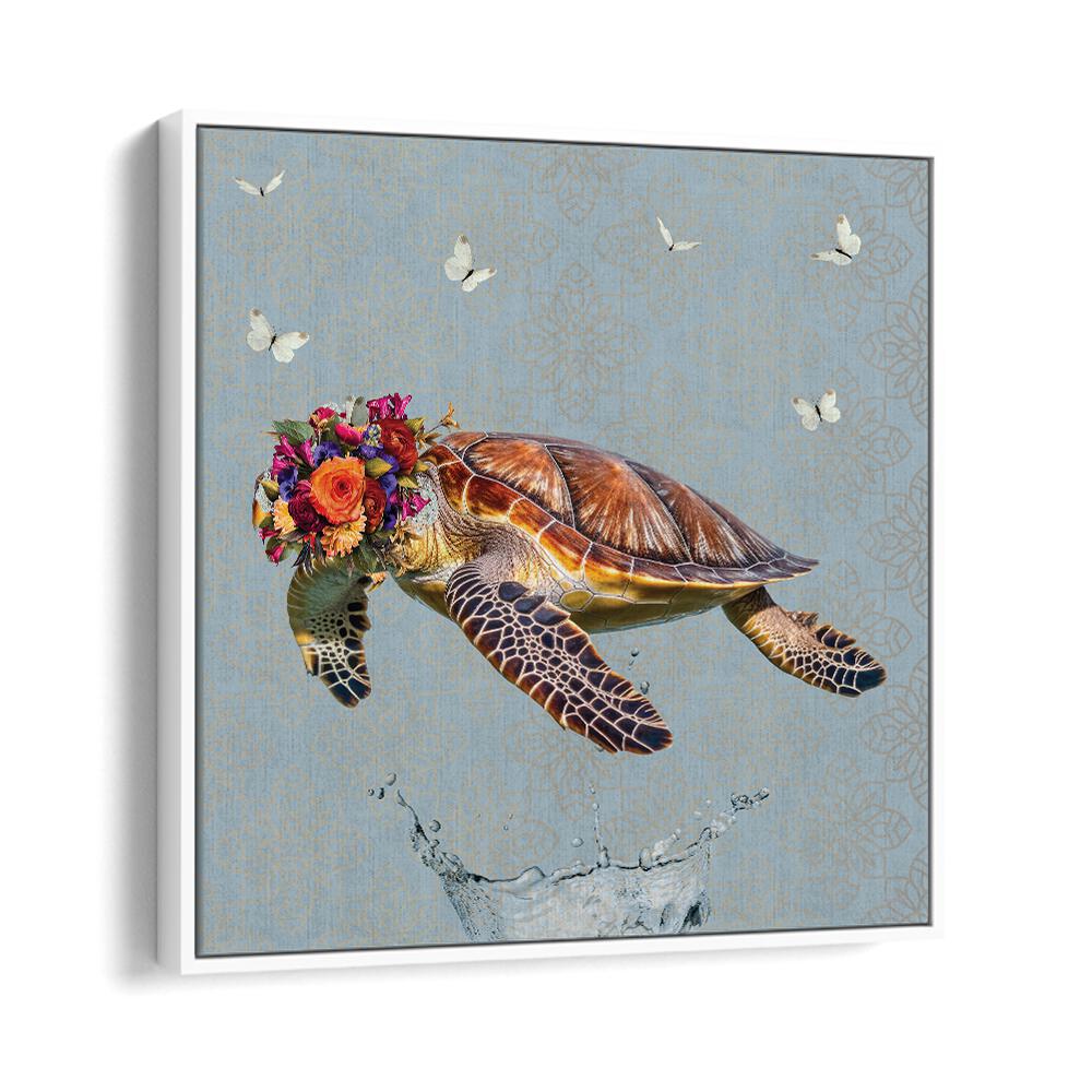 spring flower bonnet on turtle by sue skellern kids room paintings kids room wallart in White Floater Frame