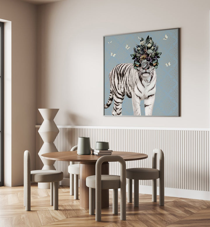 spring flower bonnet on white tiger by sue skellern kids room paintings kids room wallart Artwork II placed on a wall