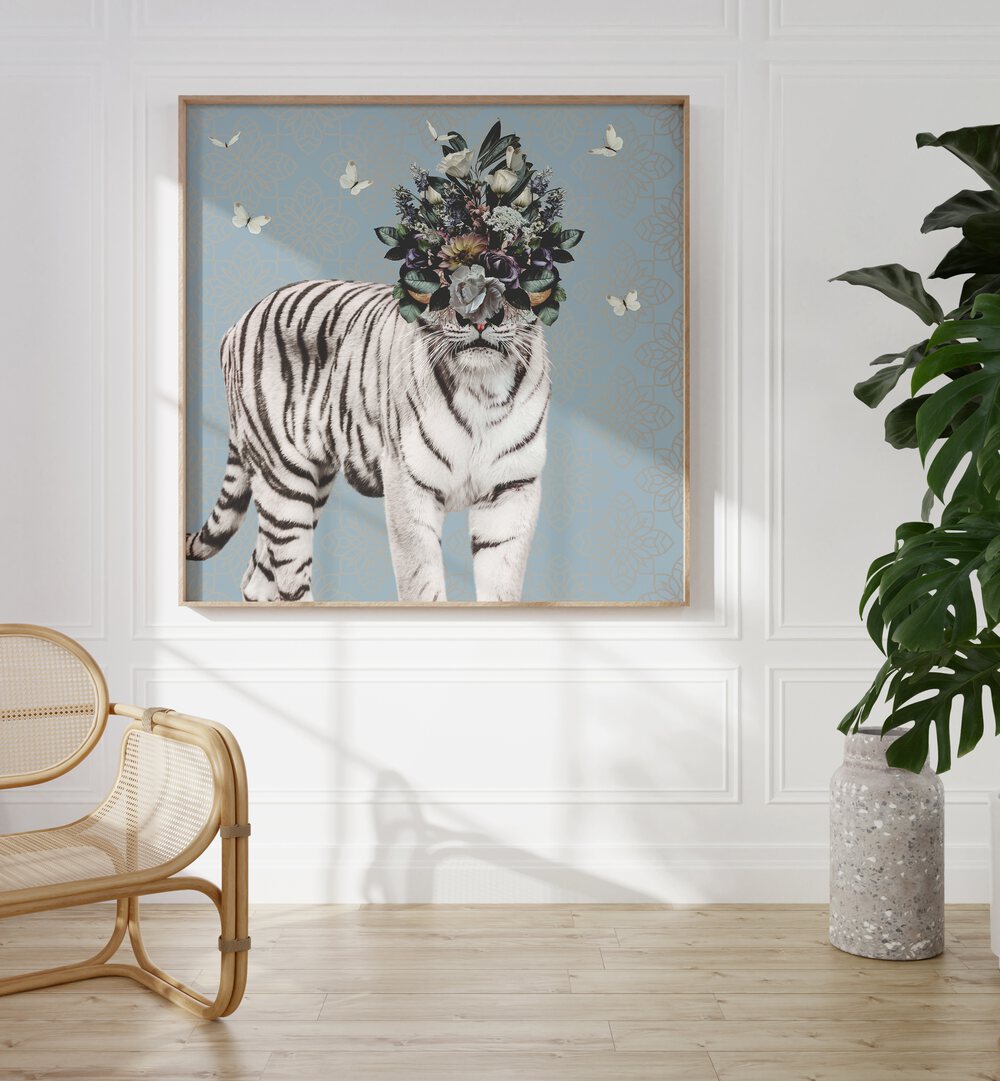 spring flower bonnet on white tiger by sue skellern kids room paintings kids room wallart Artwork III placed on a wall