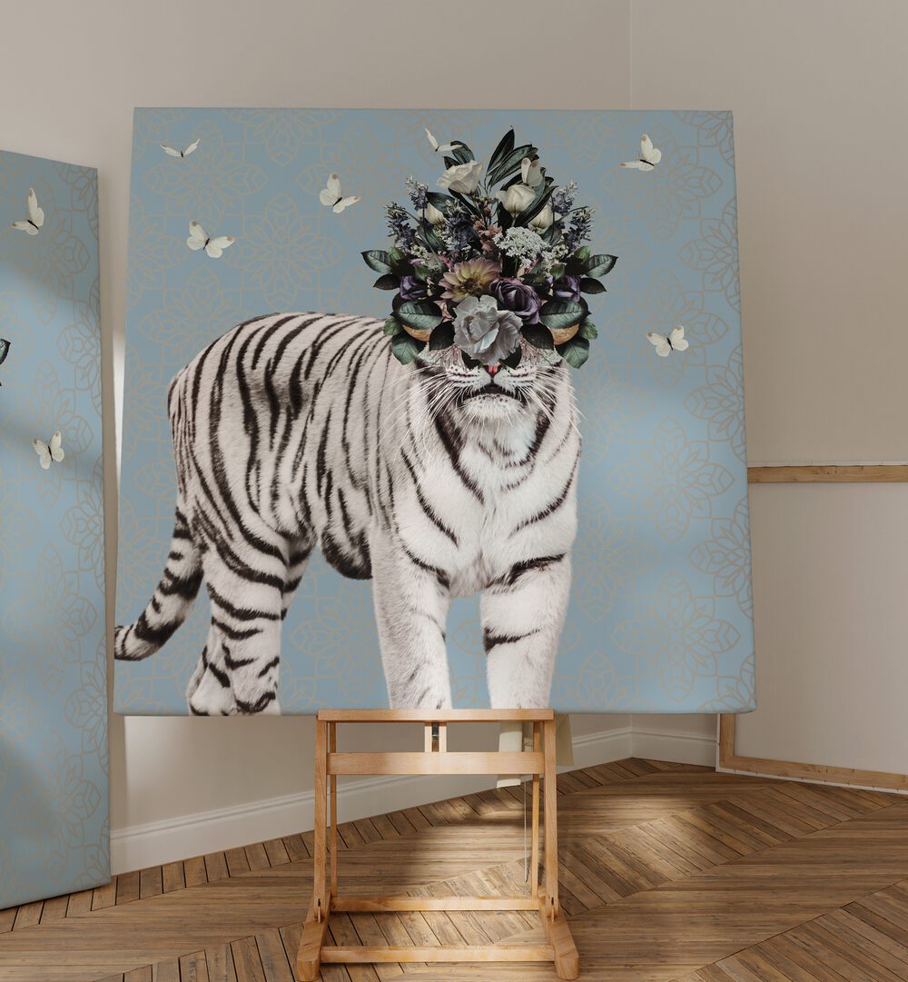 spring flower bonnet on white tiger by sue skellern kids room paintings kids room wallart Artwork IV placed on a wall