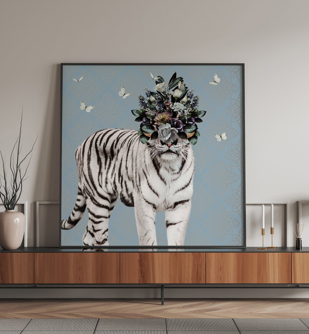 spring flower bonnet on white tiger by sue skellern kids room paintings kids room wallart Artwork II placed on a wall