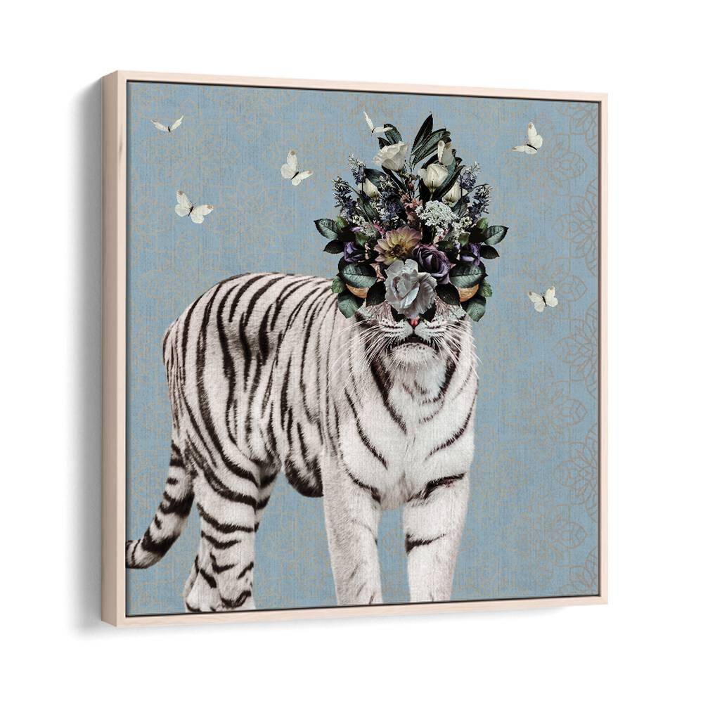 spring flower bonnet on white tiger by sue skellern kids room paintings kids room wallart in Oak Wood Floater Frame