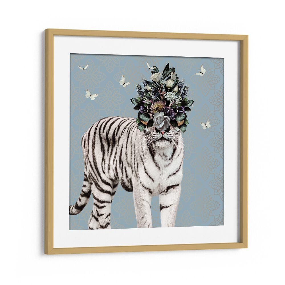 spring flower bonnet on white tiger by sue skellern kids room paintings kids room wallart in Oak Wood Frame With Mount