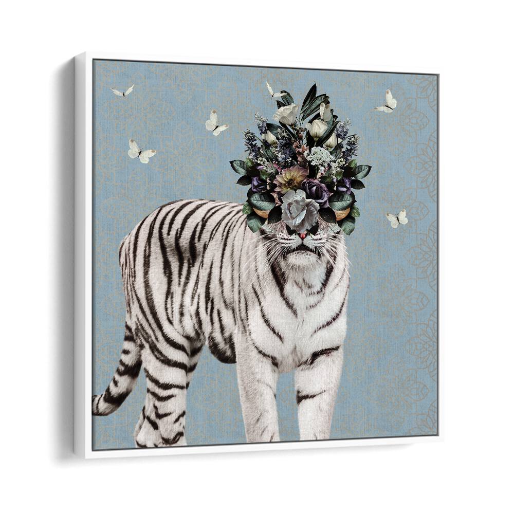 spring flower bonnet on white tiger by sue skellern kids room paintings kids room wallart in White Floater Frame