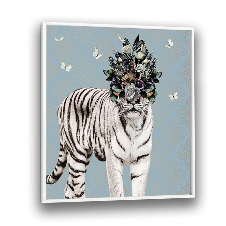 spring flower bonnet on white tiger by sue skellern kids room paintings kids room wallart in White Plain Frame