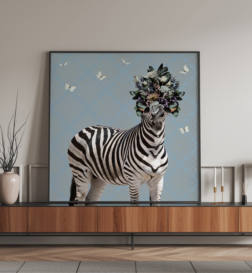 spring flower bonnet on zebra by sue skellern kids room paintings kids room wallart Artwork III placed on a wall