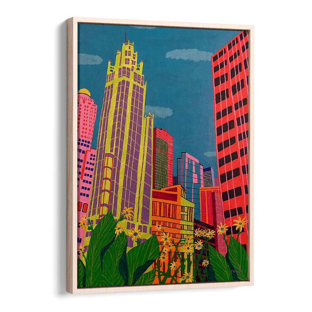 spring in chicago landscape art prints in Oak Wood Floater Frame
