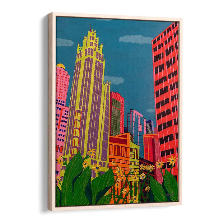 spring in chicago landscape art prints in Oak Wood Floater Frame