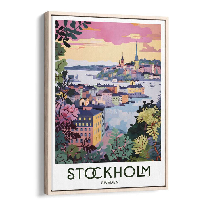 stockholm serenity travel posters in Oak Wood Floater Frame