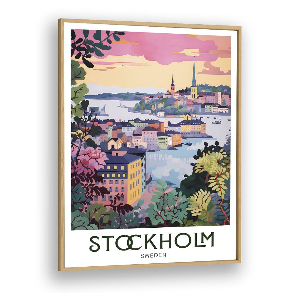 stockholm serenity travel posters in Oak Wood Plain Frame