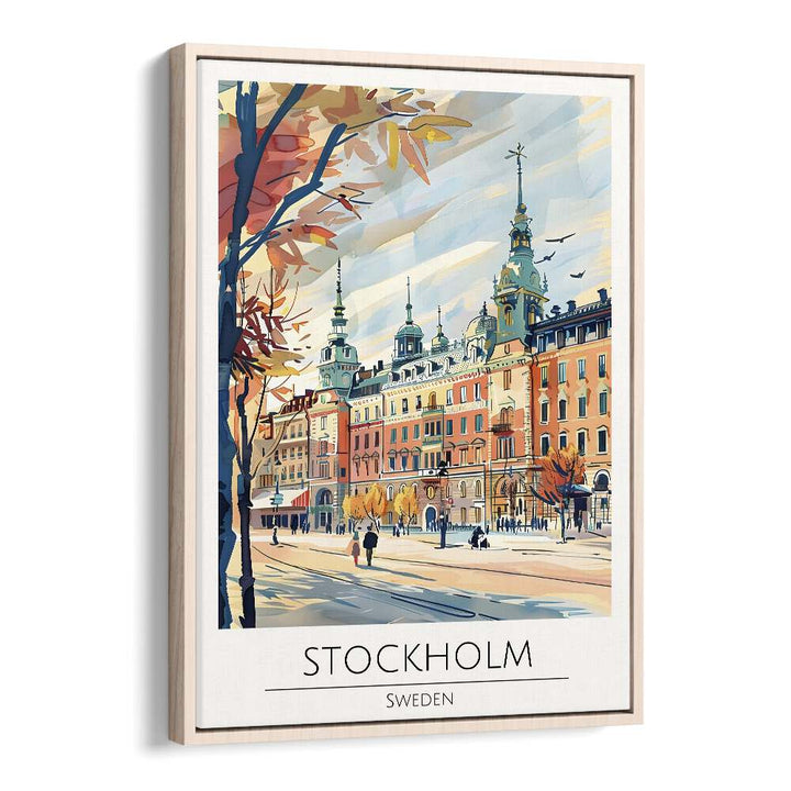 stockholm-sweden travel posters in Oak Wood Floater Frame