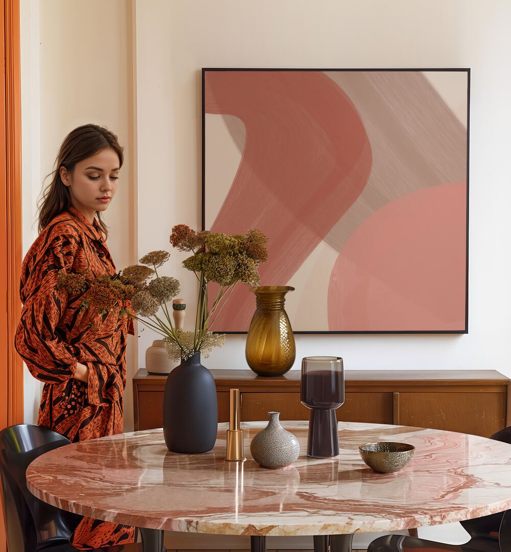 Stylish living space featuring STUDIO, ABSTRACT PAINTINGS by Yopie Studio, enhancing modern art aesthetics.