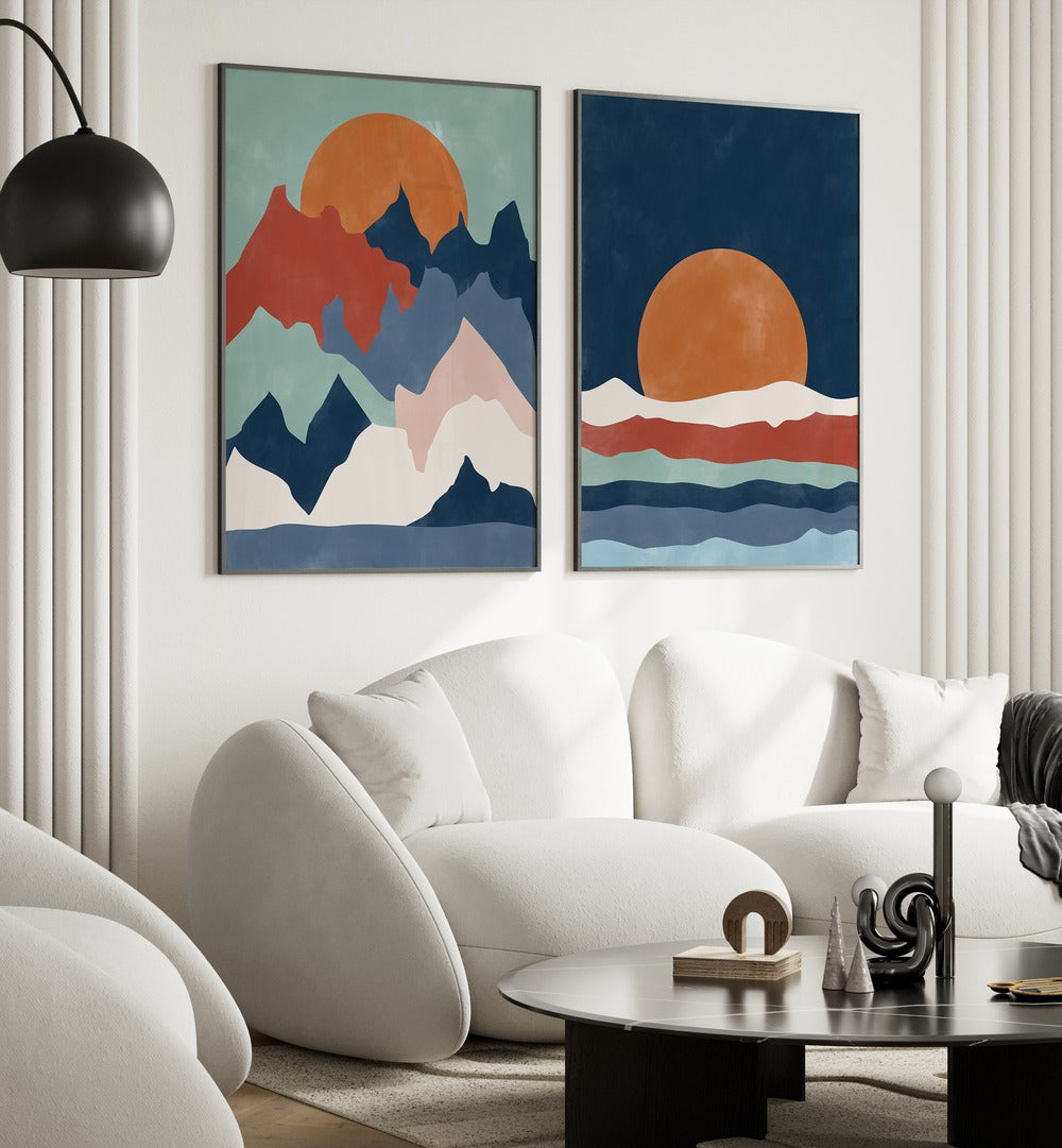 Vibrant SUNSET ABSTRACT, SET OF 2 PAINTINGS showcasing mountain landscapes and a stunning sunset, perfect for home decor.