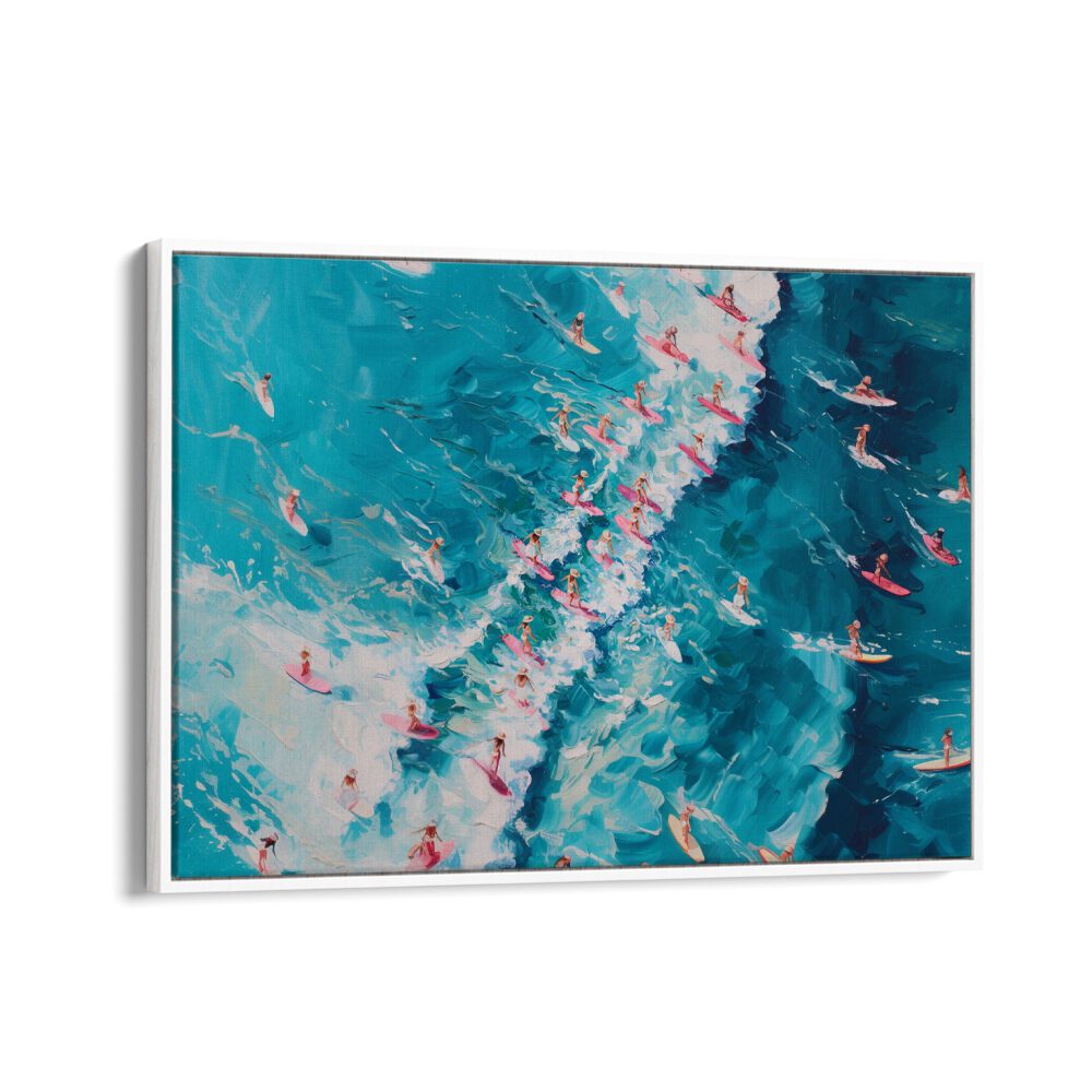 surfing in pink perfection electric wall art prints in White Floater Frame