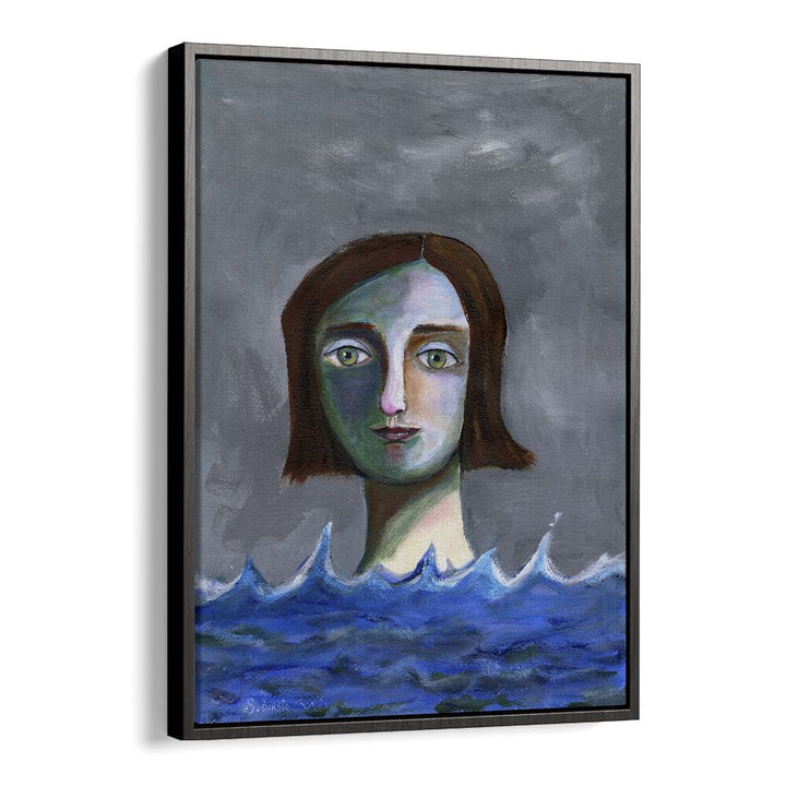 swimming girl women illustration paintings in Black Floater Frame