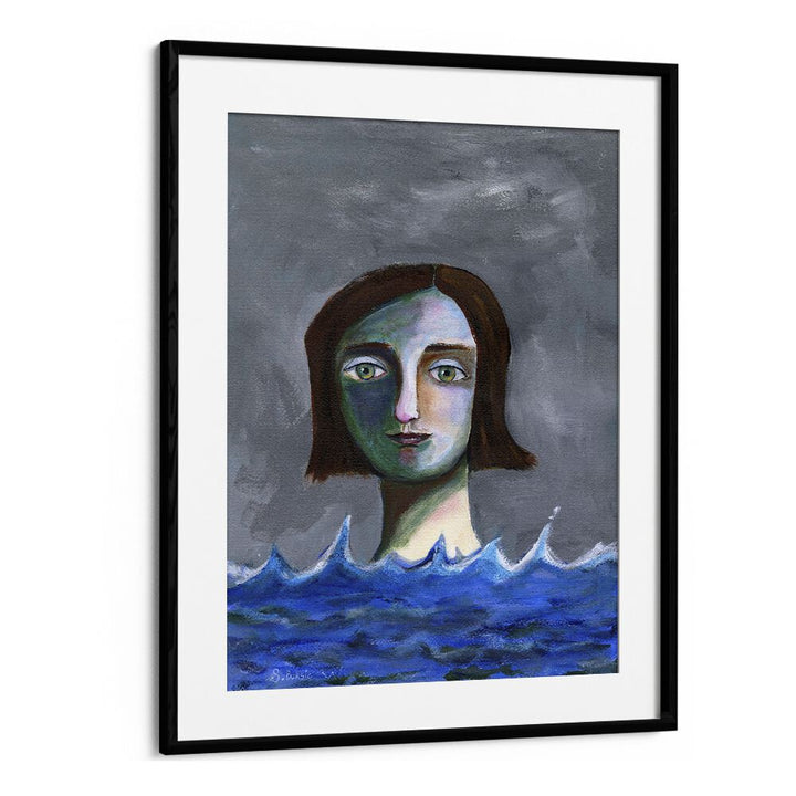 swimming girl women illustration paintings in Black Frame With Mount