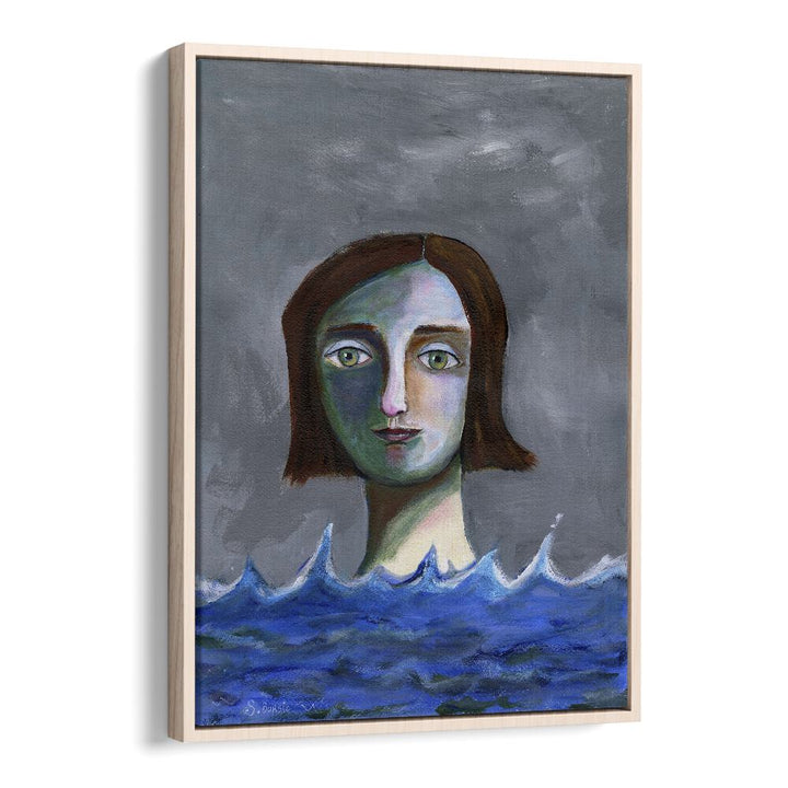 swimming girl women illustration paintings in Oak Wood Floater Frame