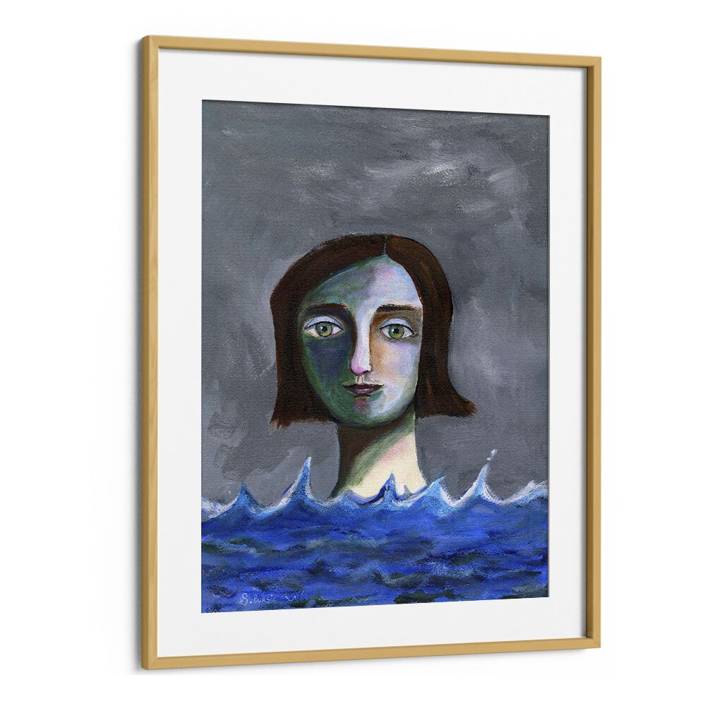 swimming girl women illustration paintings in Oak Wood Frame With Mount