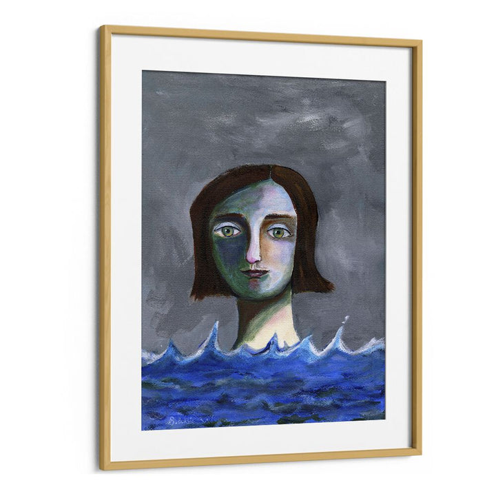 swimming girl women illustration paintings in Oak Wood Frame With Mount