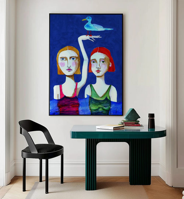 swimming ladies with blue bird women illustration paintings Artwork II placed on a wall