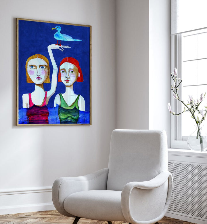 swimming ladies with blue bird women illustration paintings Artwork III placed on a wall