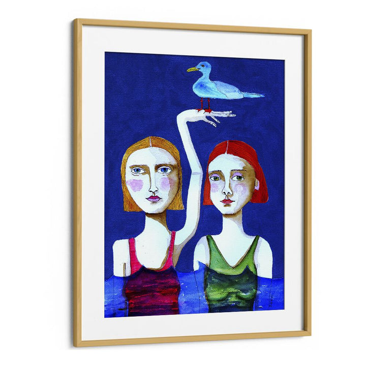 swimming ladies with blue bird women illustration paintings in Oak Wood Frame With Mount