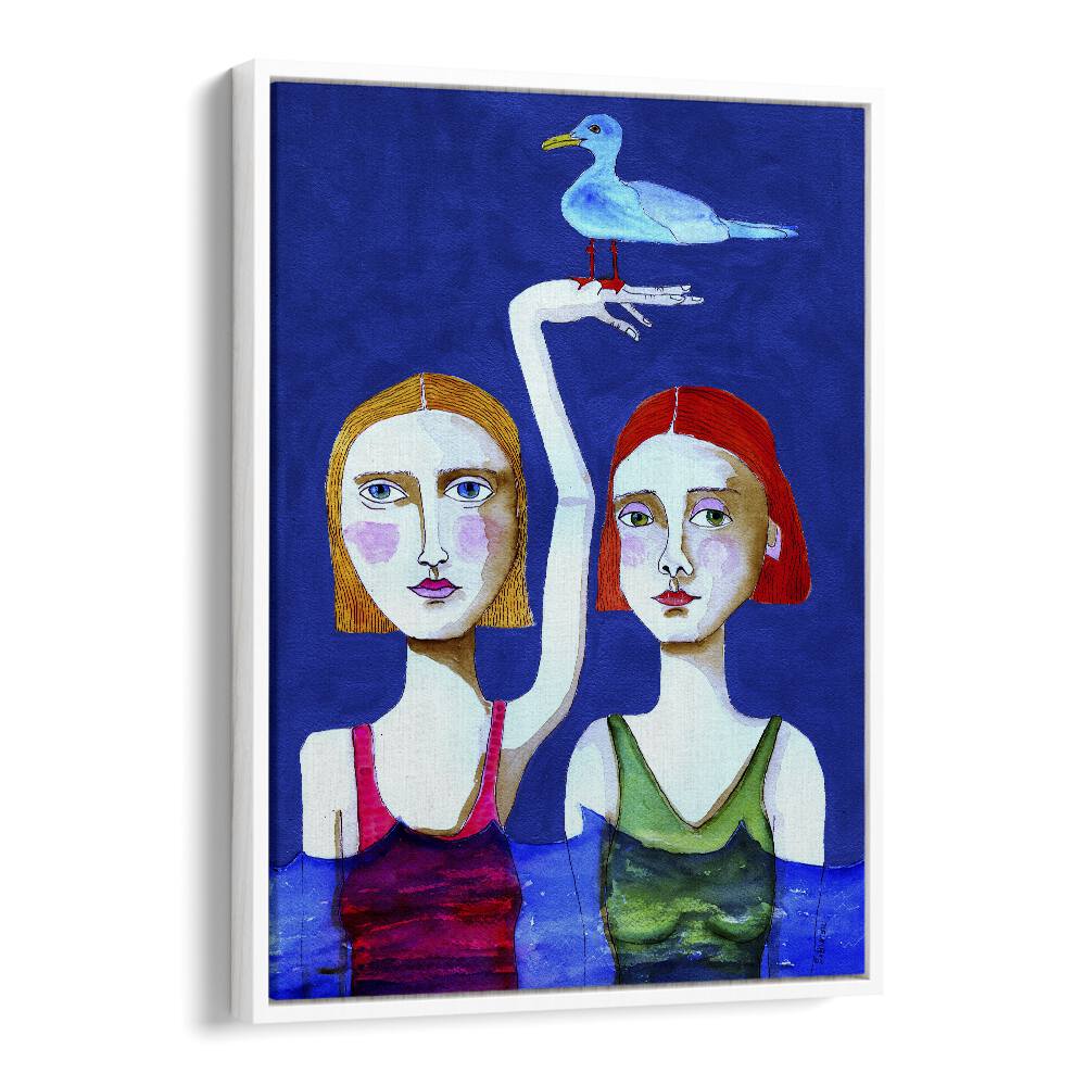 swimming ladies with blue bird women illustration paintings in White Floater Frame