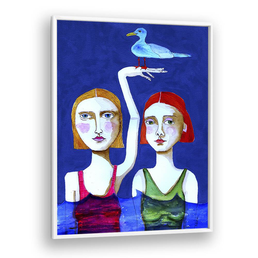 swimming ladies with blue bird women illustration paintings in White Plain Frame