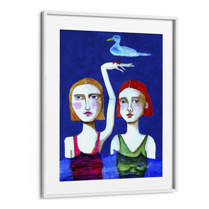 swimming ladies with blue birdwomen illustration paintings in White Frame With Mount