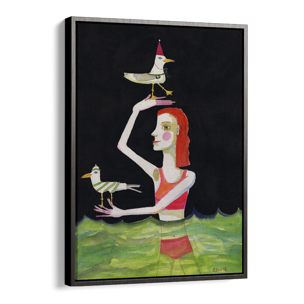 swimming lady with birds women illustration paintings in Black Floater Frame