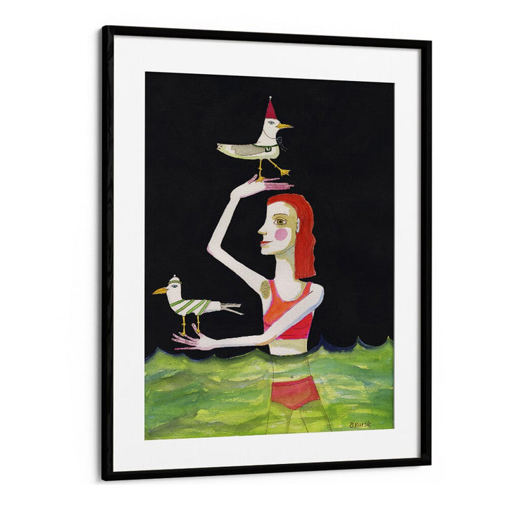 swimming lady with birds women illustration paintings in Black Frame With Mount