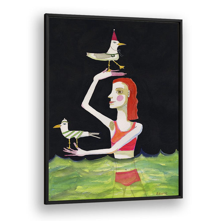 swimming lady with birds women illustration paintings in Black Plain Frame