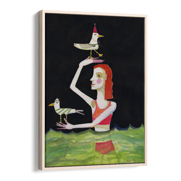 swimming lady with birds women illustration paintings in Oak Wood Floater Frame